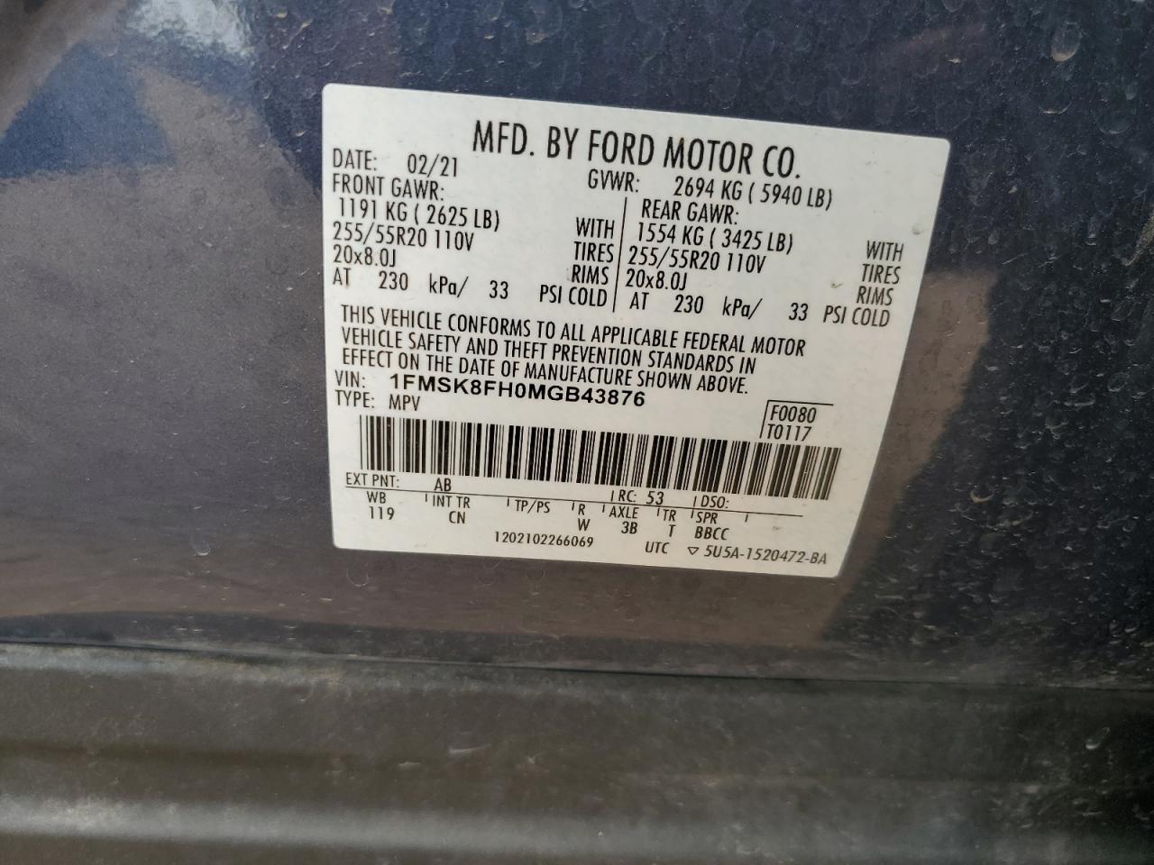 2021 Ford Explorer Limited VIN: 1FMSK8FH0MGB43876 Lot: 68814815