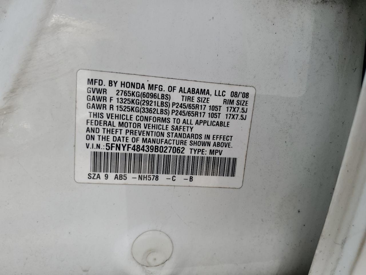 2009 Honda Pilot Ex VIN: 5FNYF48439B027062 Lot: 70759175