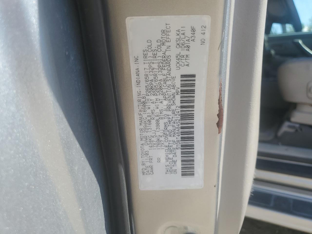 2004 Toyota Sequoia Limited VIN: 5TDBT48A84S212412 Lot: 68520265