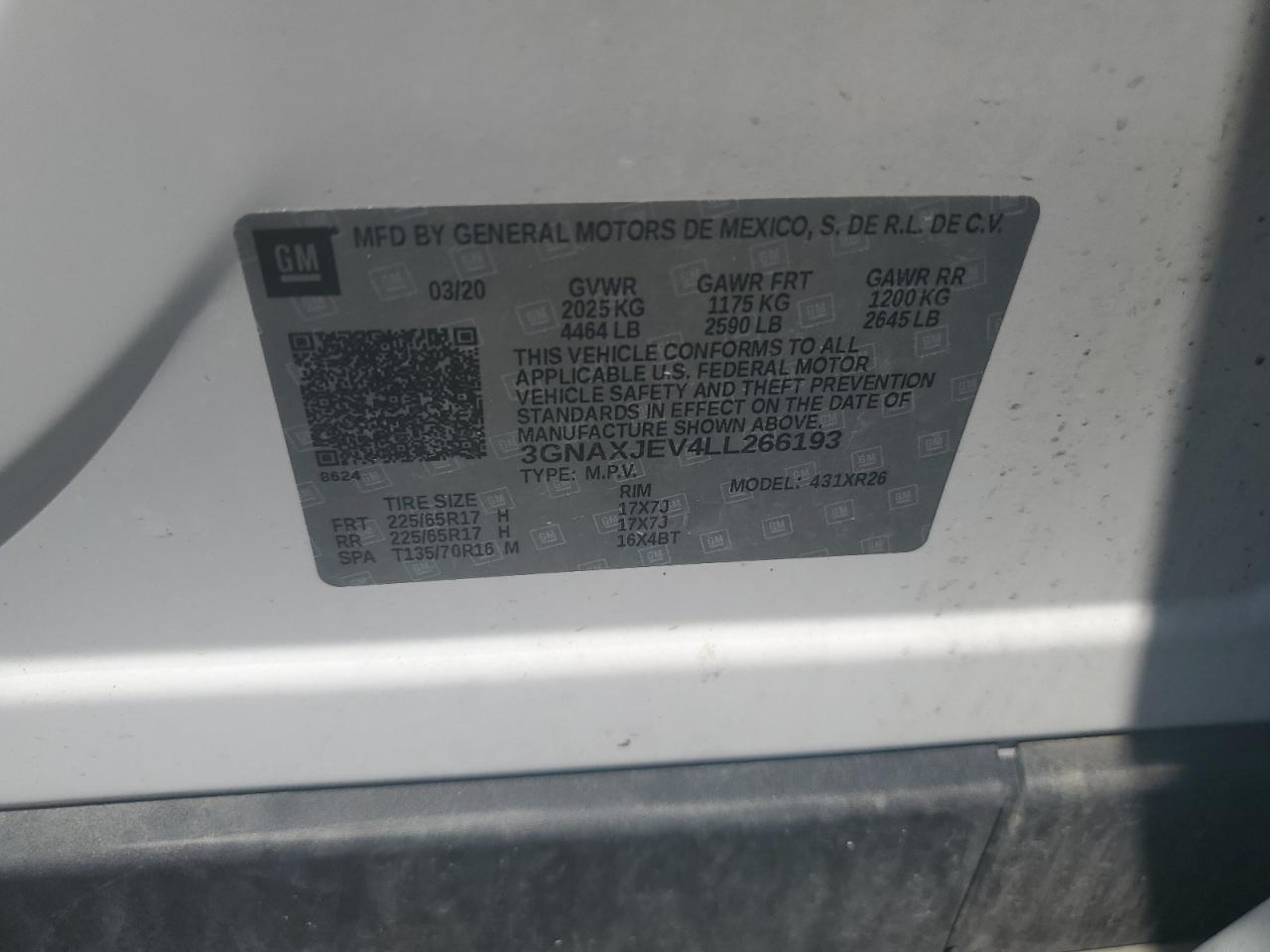 2020 Chevrolet Equinox Lt VIN: 3GNAXJEV4LL266193 Lot: 68459525