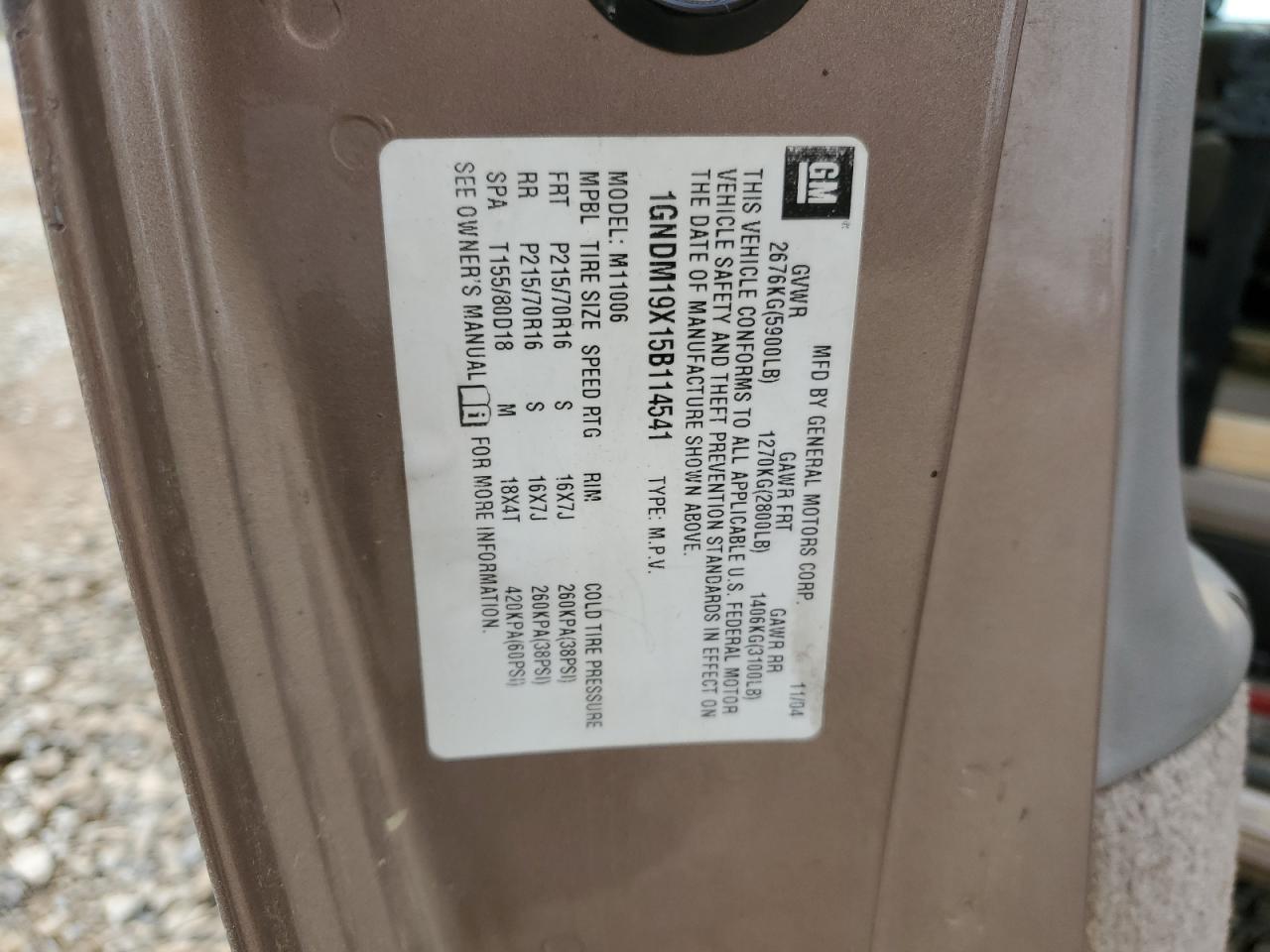 2005 Chevrolet Astro VIN: 1GNDM19X15B114541 Lot: 69228125