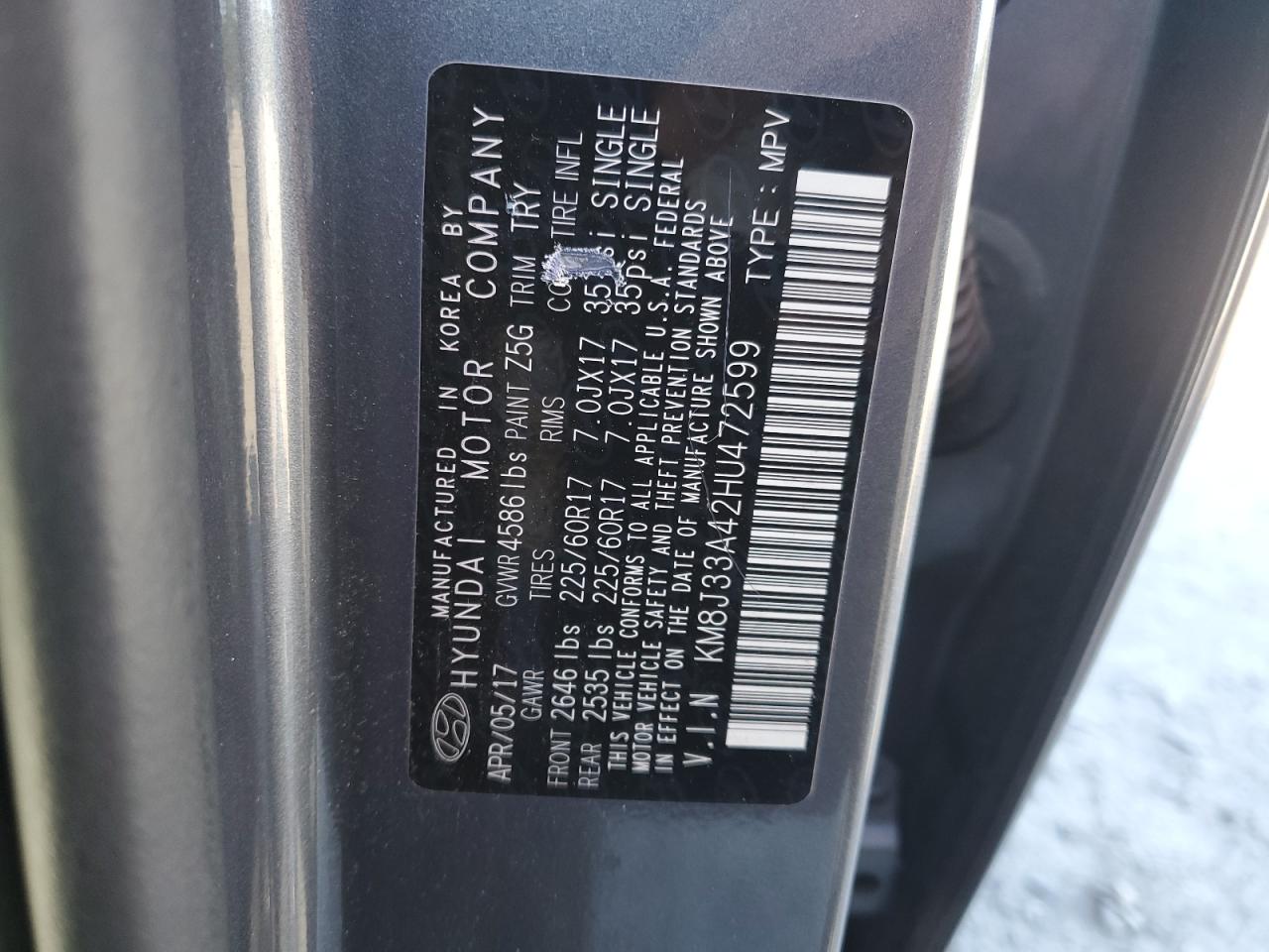 2017 Hyundai Tucson Limited VIN: KM8J33A42HU472599 Lot: 70547825