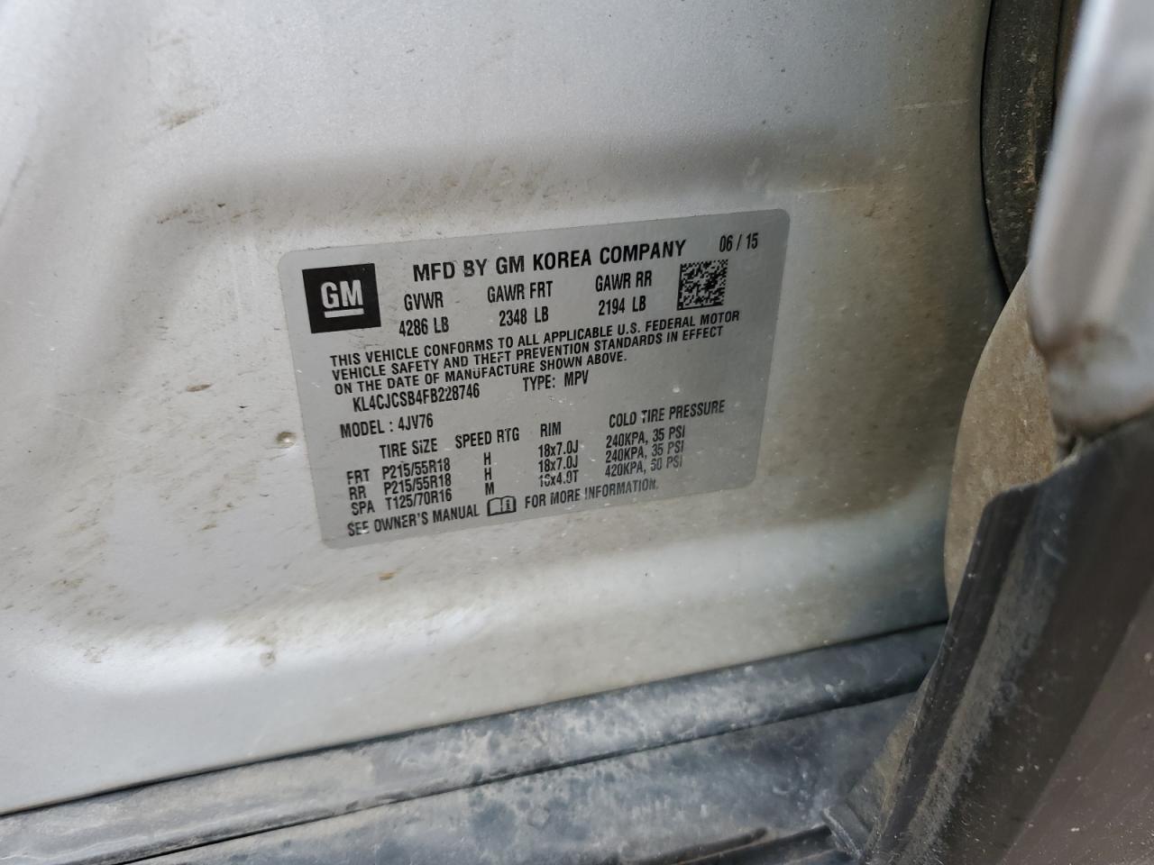 2015 Buick Encore VIN: KL4CJCSB4FB228746 Lot: 69099865