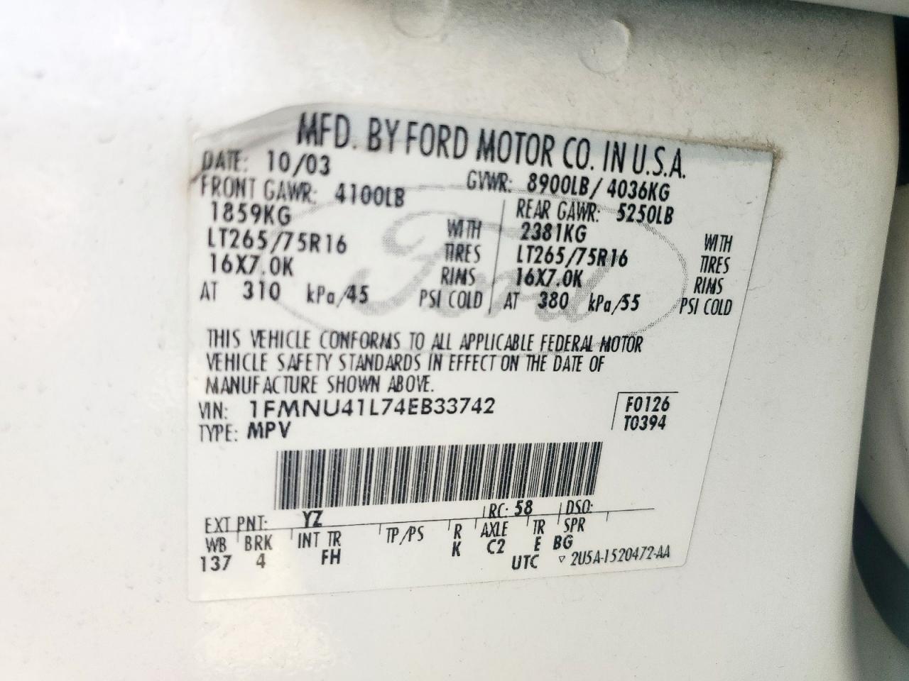 2004 Ford Excursion Xlt VIN: 1FMNU41L74EB33742 Lot: 69139155