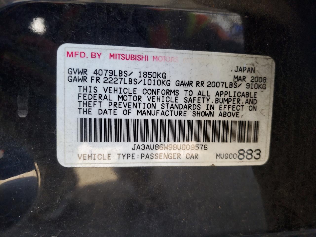 2009 Mitsubishi Lancer Gts VIN: JA3AU86W99U009576 Lot: 68050595