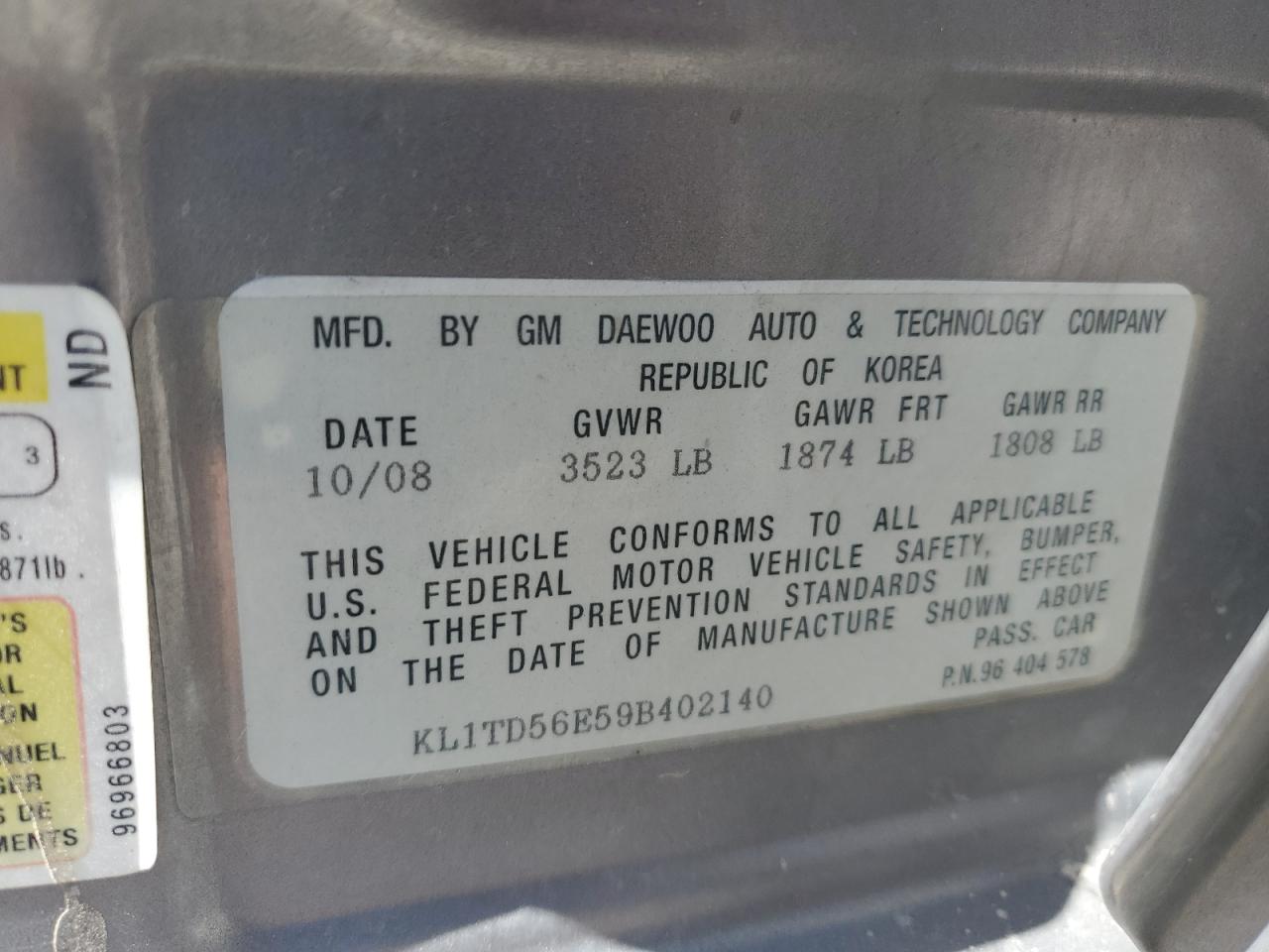 2009 Chevrolet Aveo Ls VIN: KL1TD56E59B402140 Lot: 69149565