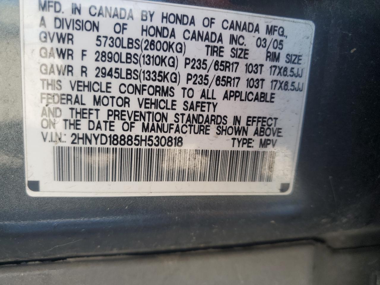 2005 Acura Mdx Touring VIN: 2HNYD18885H530818 Lot: 67859065