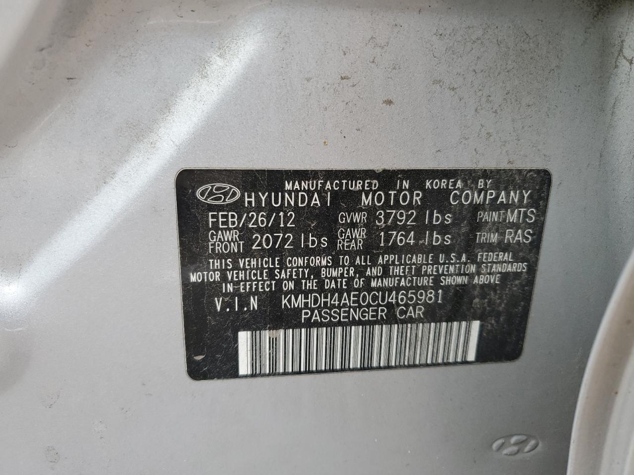 2012 Hyundai Elantra Gls VIN: KMHDH4AE0CU465981 Lot: 84930515