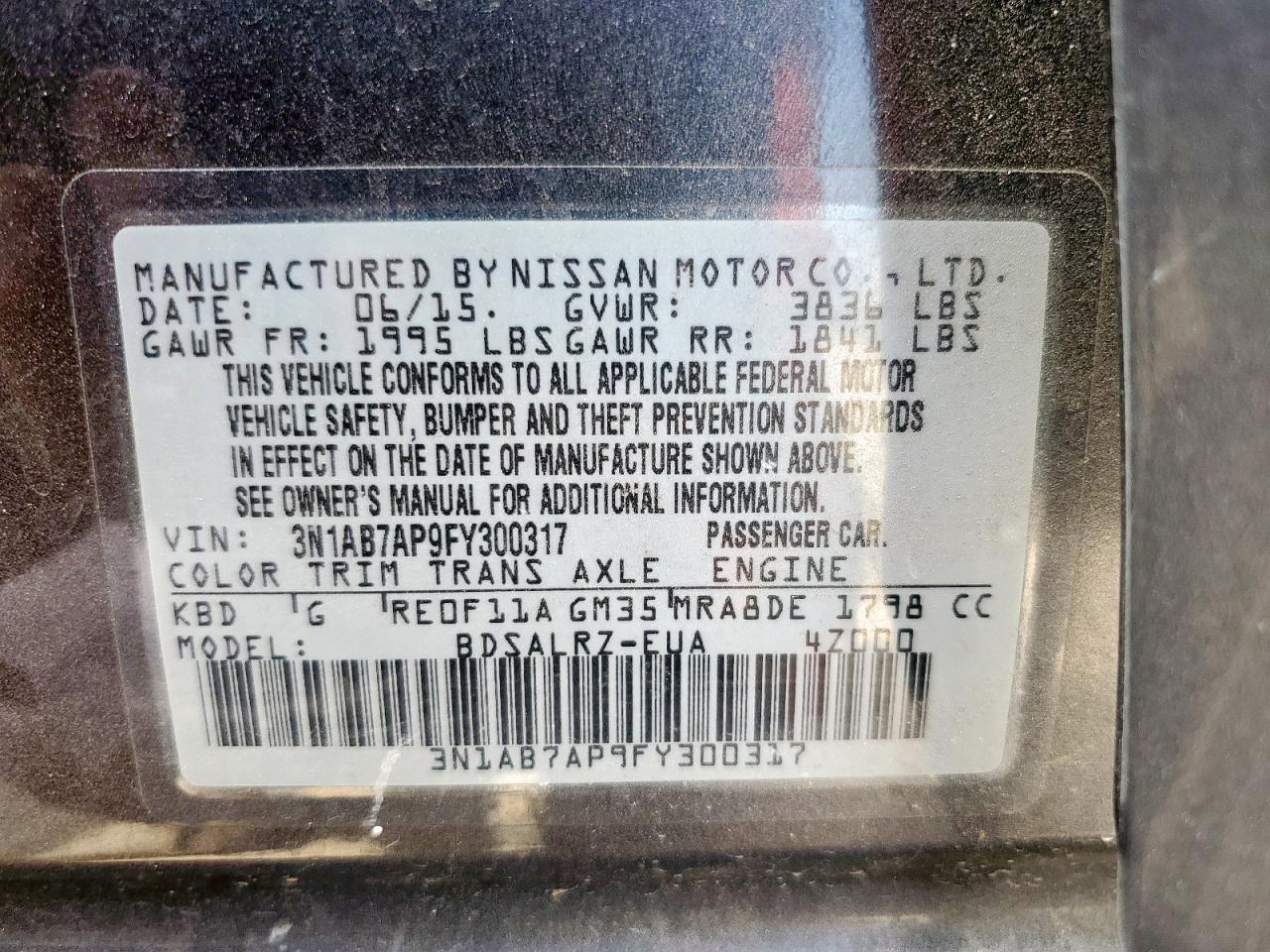 2015 Nissan Sentra S VIN: 3N1AB7AP9FY300317 Lot: 69467255