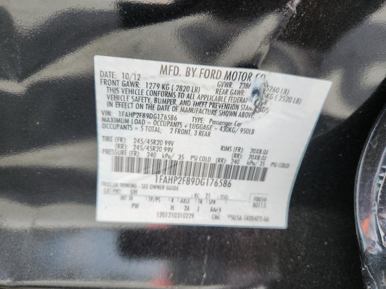 2013 Ford Taurus Limited VIN: 1FAHP2F89DG176586 Lot: 69112485