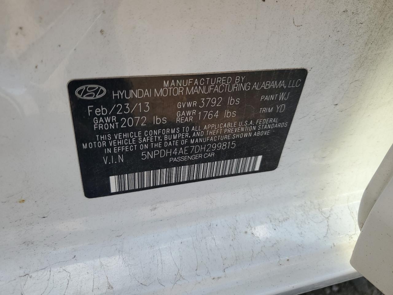 2013 Hyundai Elantra Gls VIN: 5NPDH4AE7DH299815 Lot: 69664985