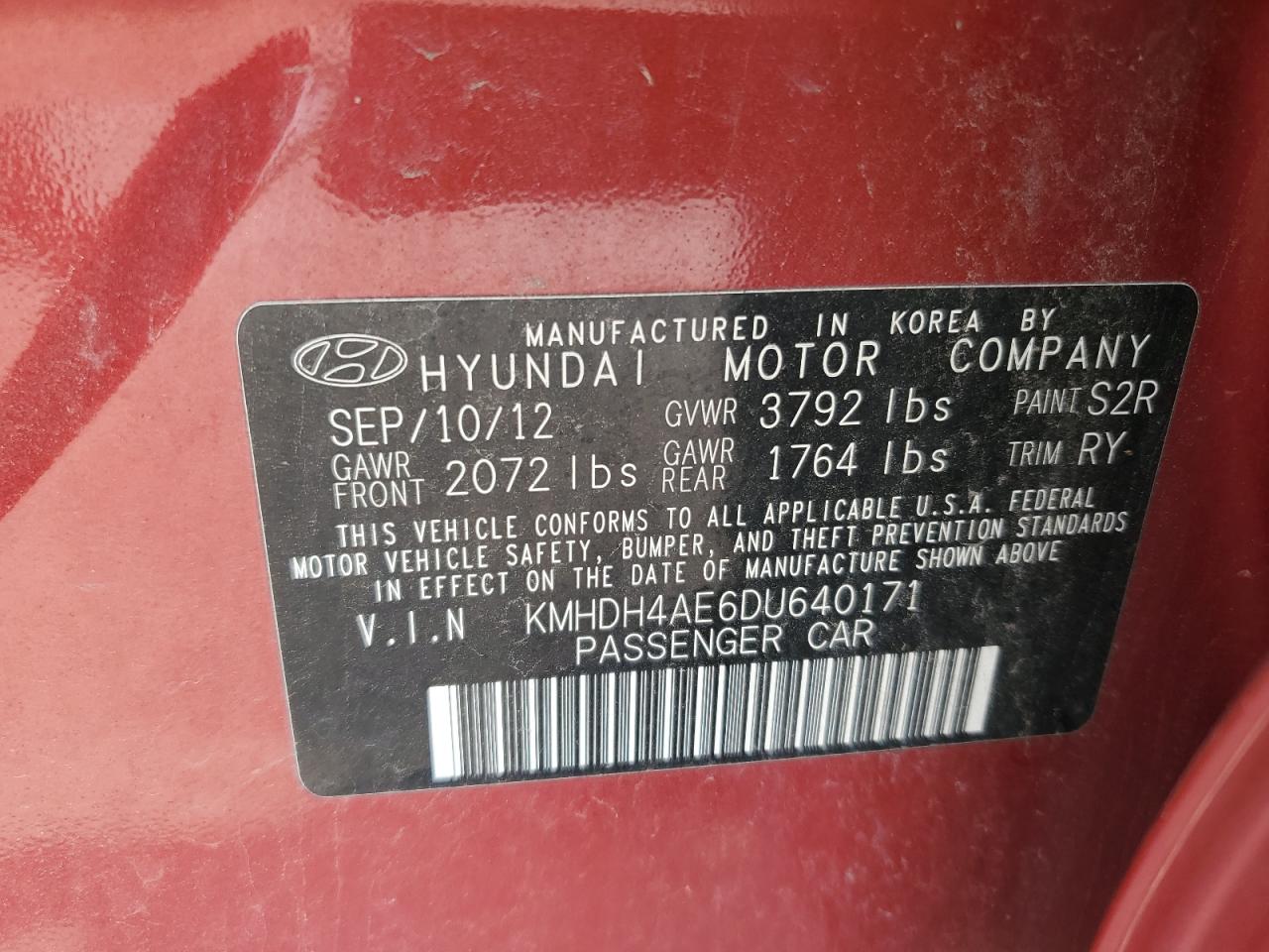 2013 Hyundai Elantra Gls VIN: KMHDH4AE6DU640171 Lot: 67126295