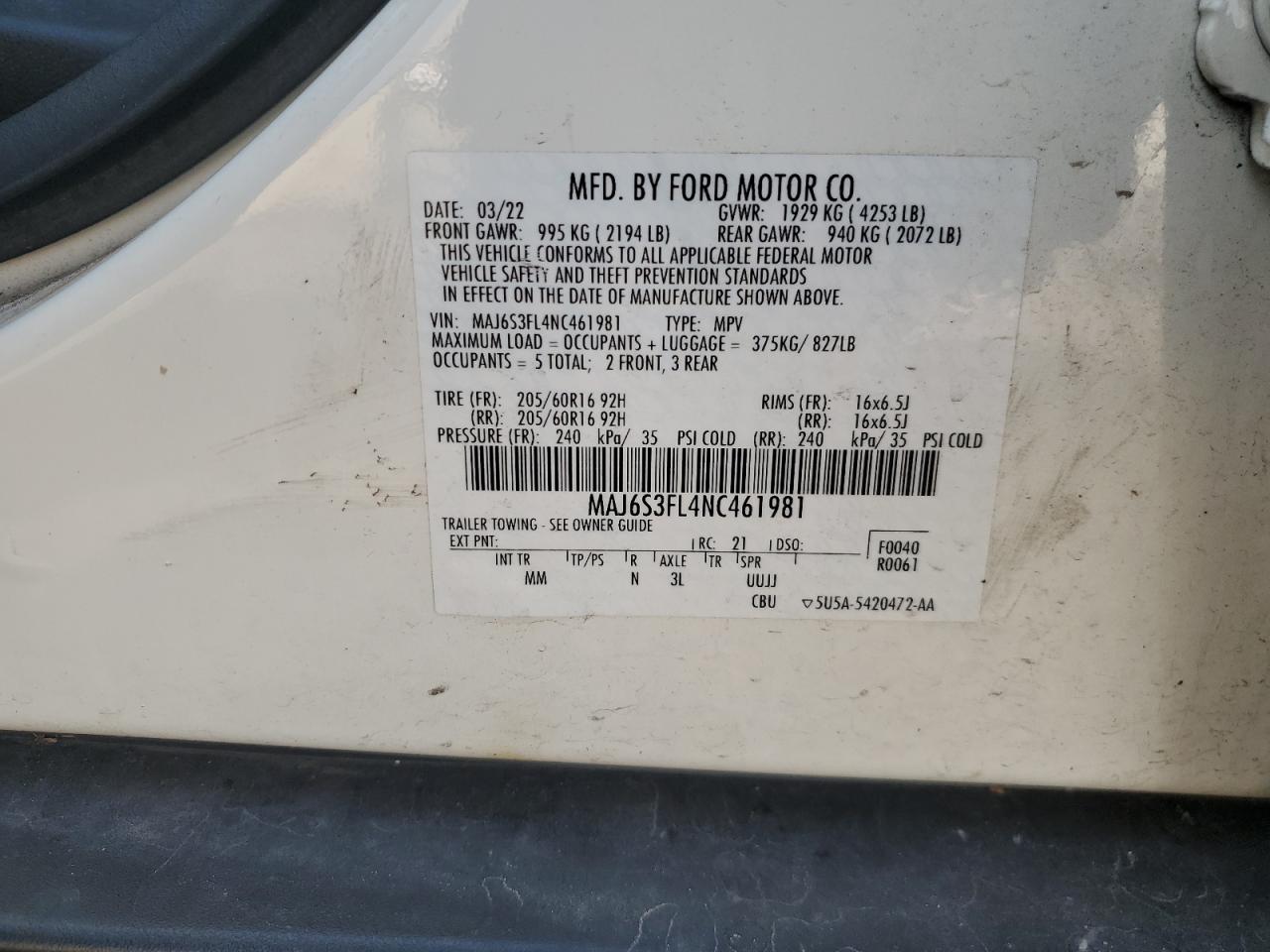 2022 Ford Ecosport S VIN: MAJ6S3FL4NC461981 Lot: 68962235
