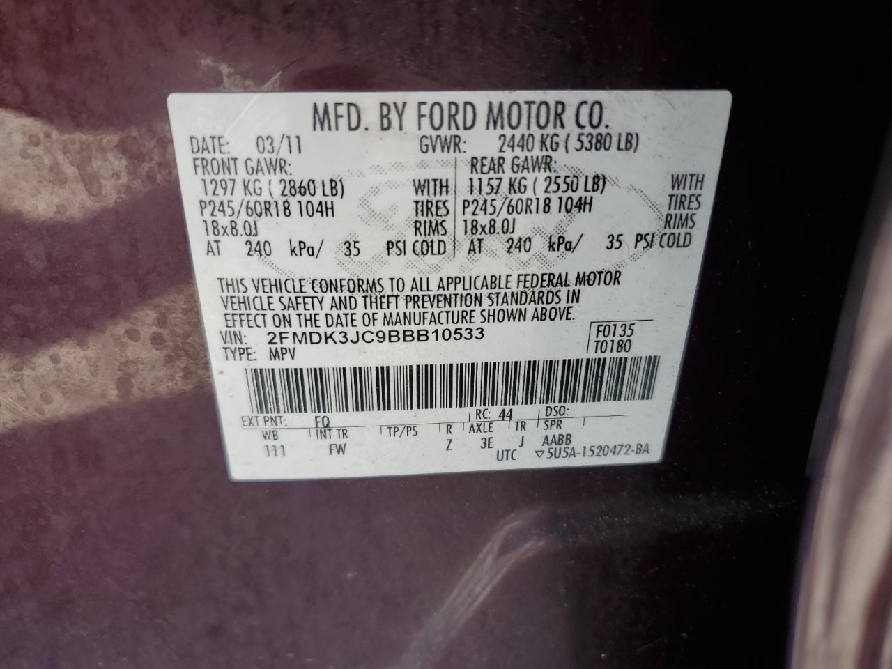 2011 Ford Edge Sel VIN: 2FMDK3JC9BBB10533 Lot: 69451285