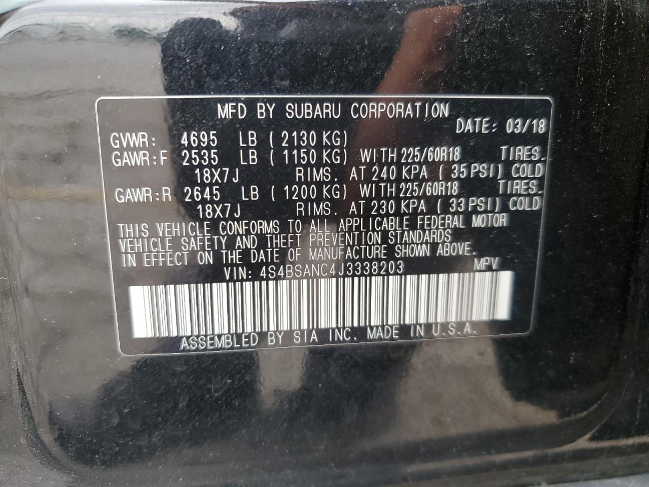 2018 Subaru Outback 2.5I Limited VIN: 4S4BSANC4J3338203 Lot: 67049645