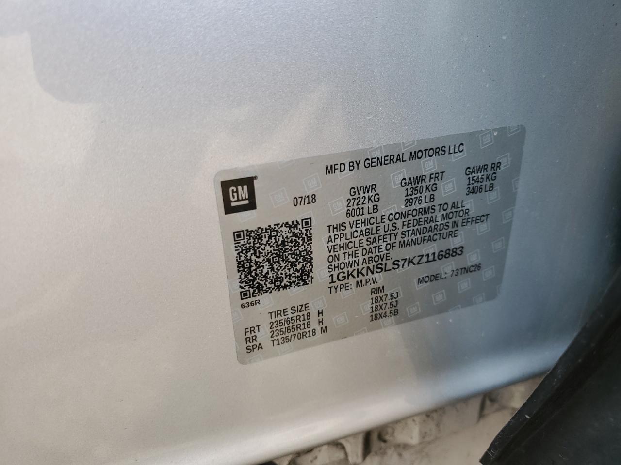 2019 GMC Acadia Sle VIN: 1GKKNSLS7KZ116883 Lot: 69408885