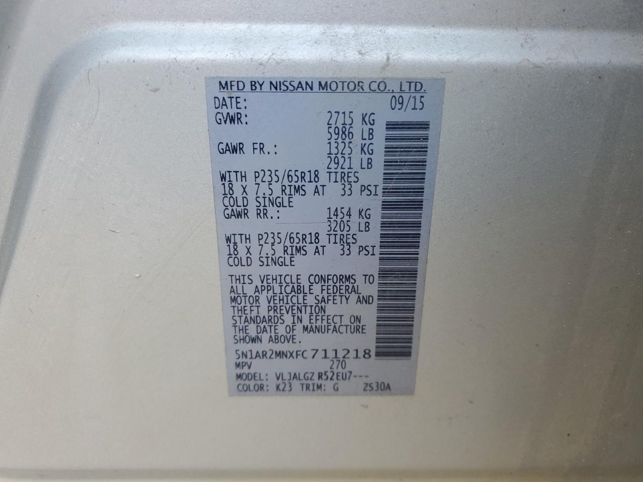 2015 Nissan Pathfinder S VIN: 5N1AR2MNXFC711218 Lot: 68314355