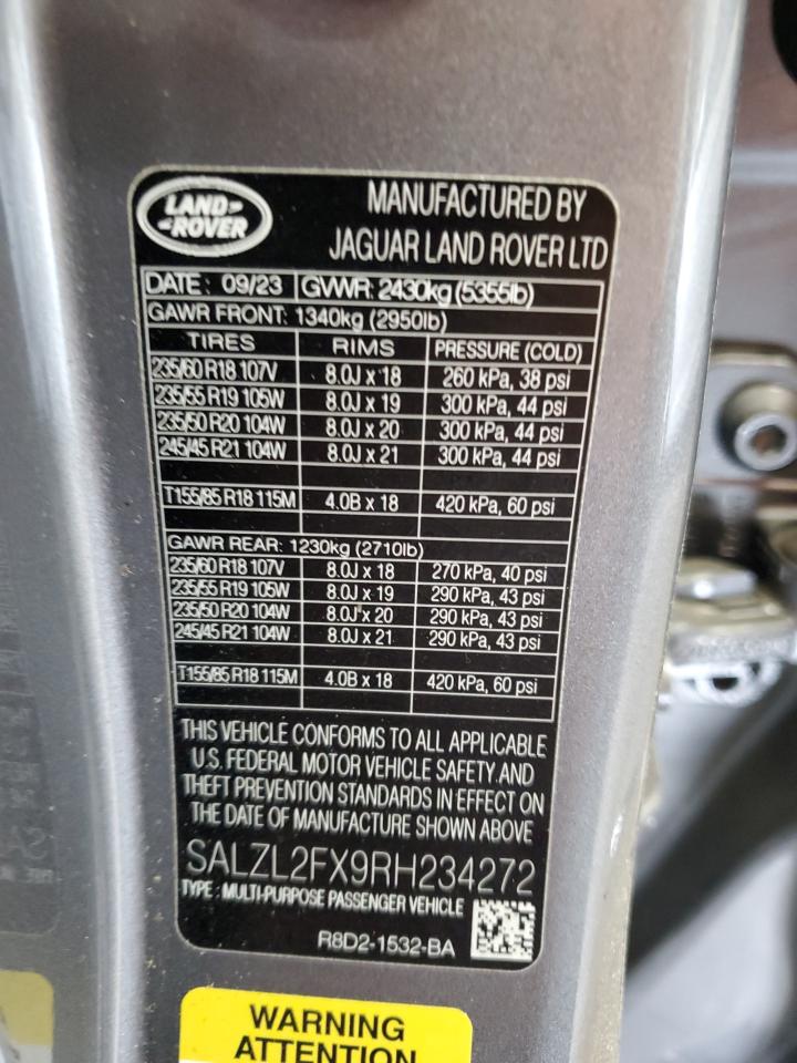 2024 Land Rover Range Rover Evoque Dynamic Se VIN: SALZL2FX9RH234272 Lot: 67218125