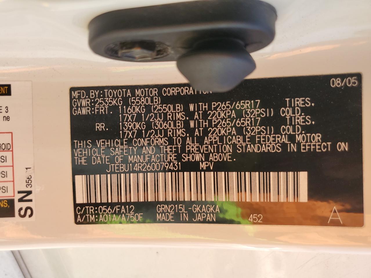 2006 Toyota 4Runner Sr5 VIN: JTEBU14R260079431 Lot: 67918335