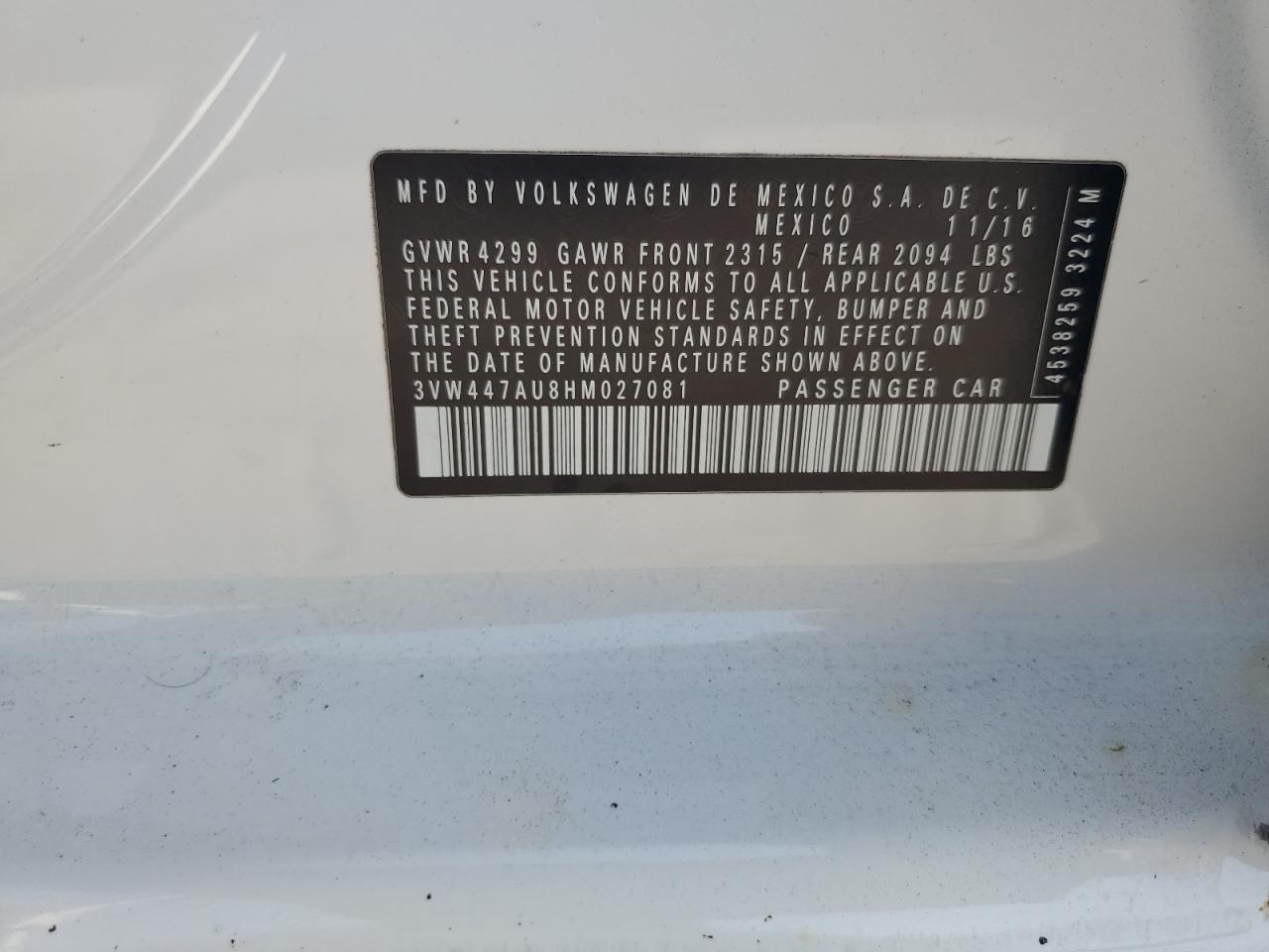 2017 Volkswagen Gti S/Se VIN: 3VW447AU8HM027081 Lot: 67802325