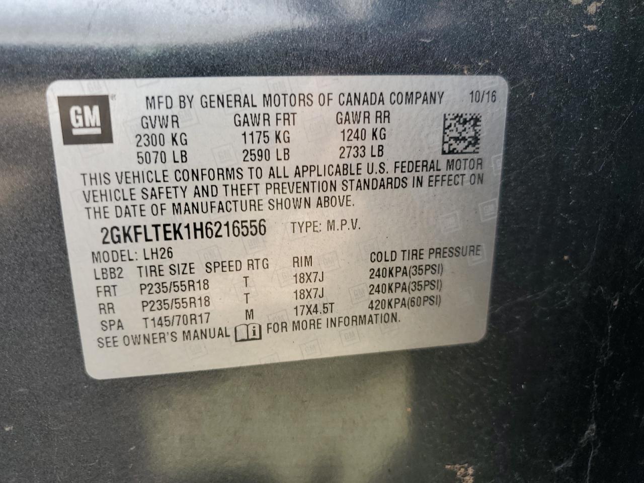 2017 GMC Terrain Sle VIN: 2GKFLTEK1H6216556 Lot: 70364685