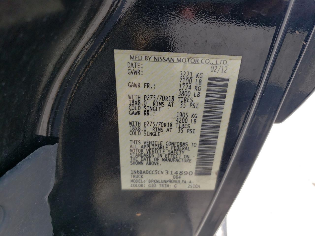 2012 Nissan Titan S VIN: 1N6BA0CC5CN314890 Lot: 67597605