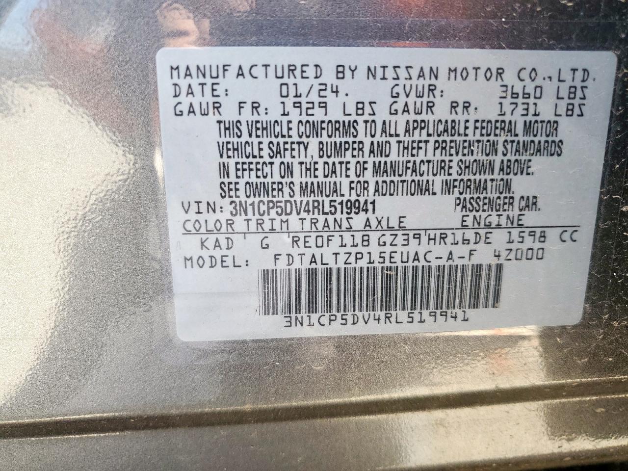 2024 Nissan Kicks Sr VIN: 3N1CP5DV4RL519941 Lot: 67647135