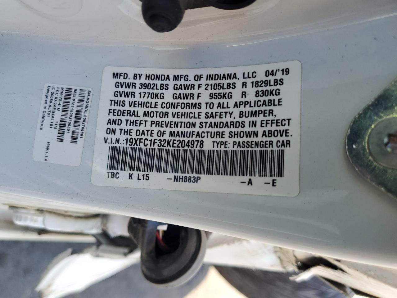 2019 Honda Civic Ex VIN: 19XFC1F32KE204978 Lot: 70384325