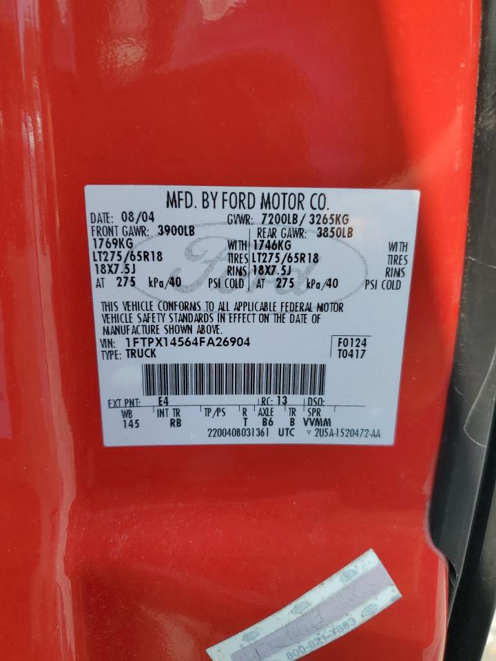 2004 Ford F150 VIN: 1FTPX14564FA26904 Lot: 68867925