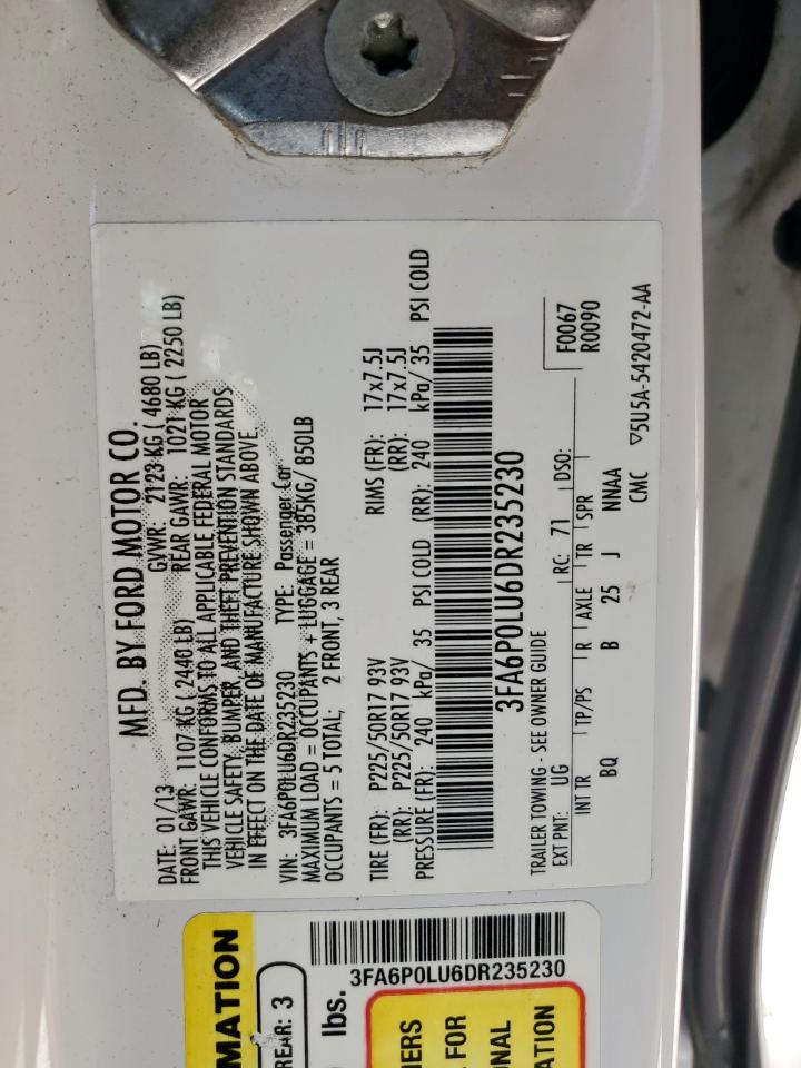 2013 Ford Fusion Se Hybrid VIN: 3FA6P0LU6DR235230 Lot: 68699495