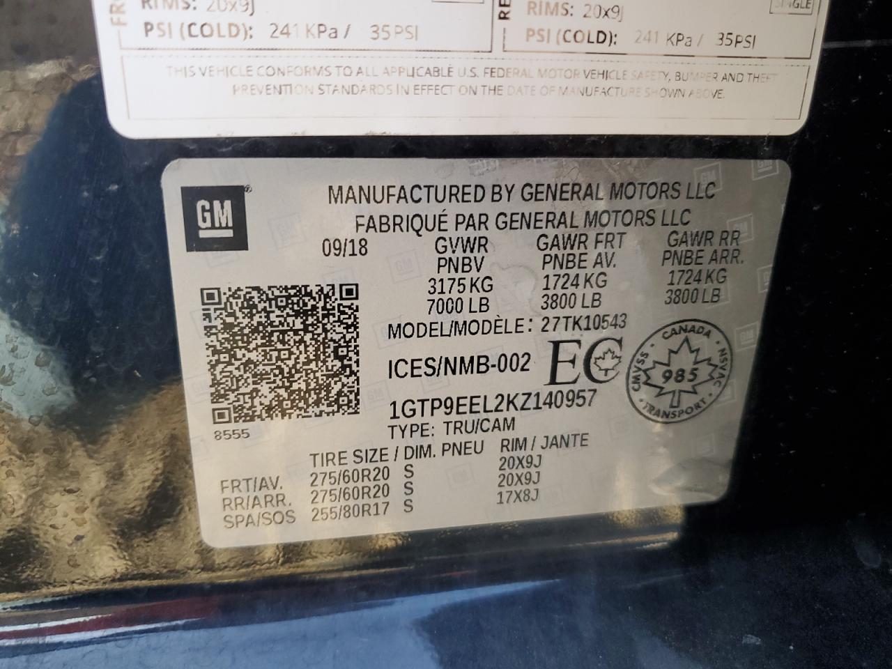 2019 GMC Sierra K1500 At4 VIN: 1GTP9EEL2KZ140957 Lot: 70828905