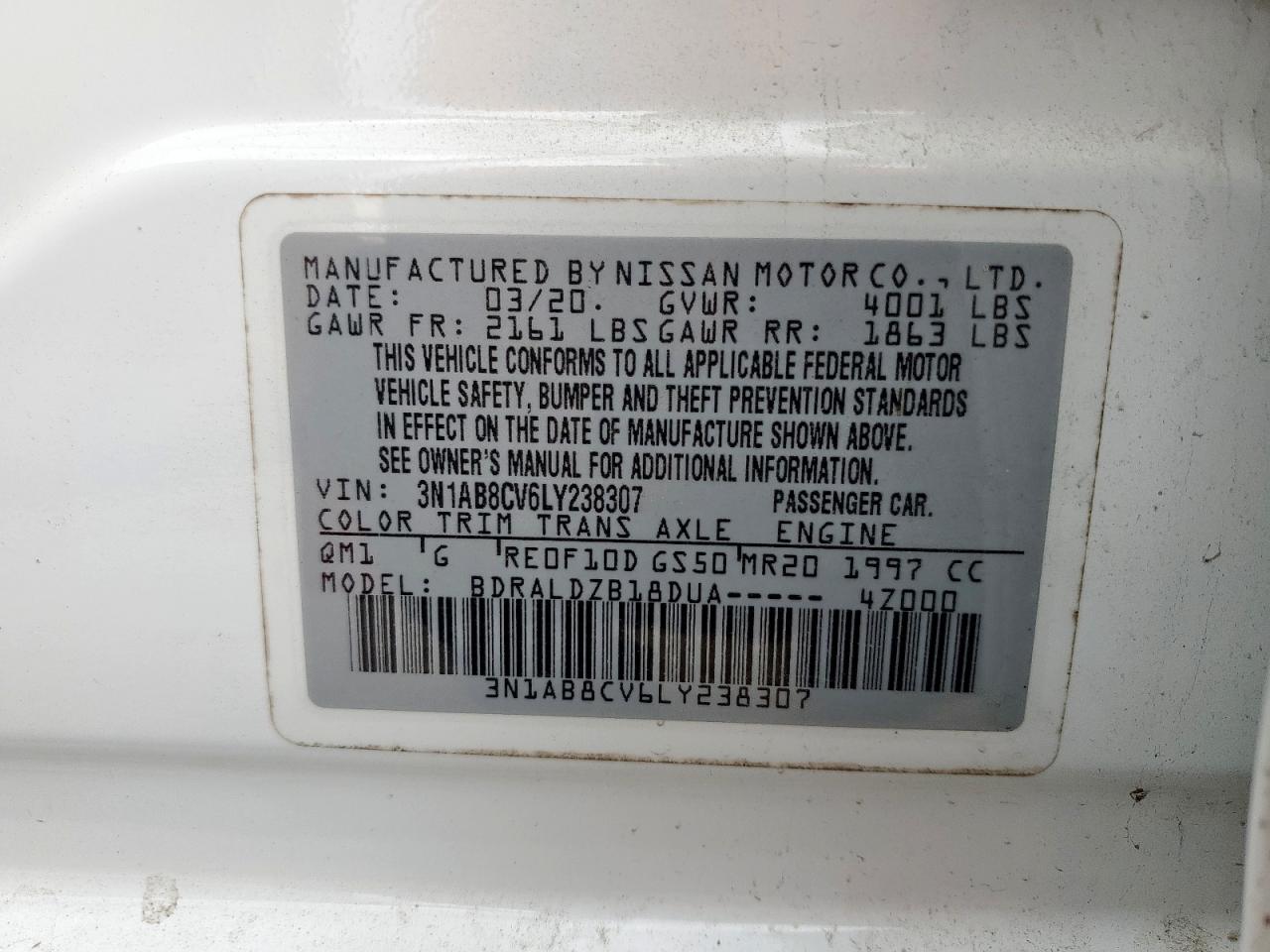 2020 Nissan Sentra Sv VIN: 3N1AB8CV6LY238307 Lot: 69913145