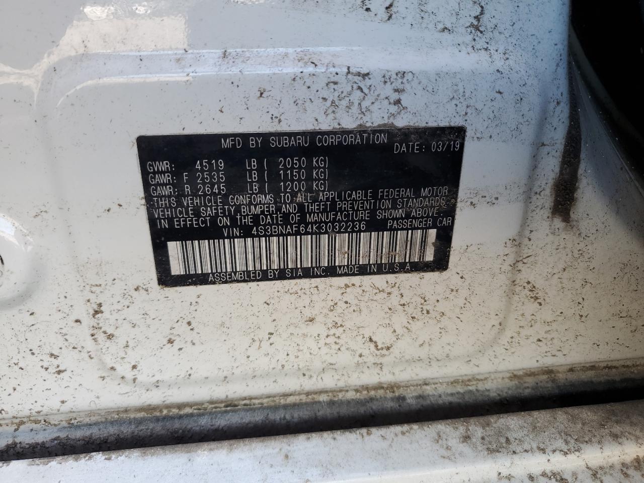2019 Subaru Legacy 2.5I Premium VIN: 4S3BNAF64K3032236 Lot: 68722755