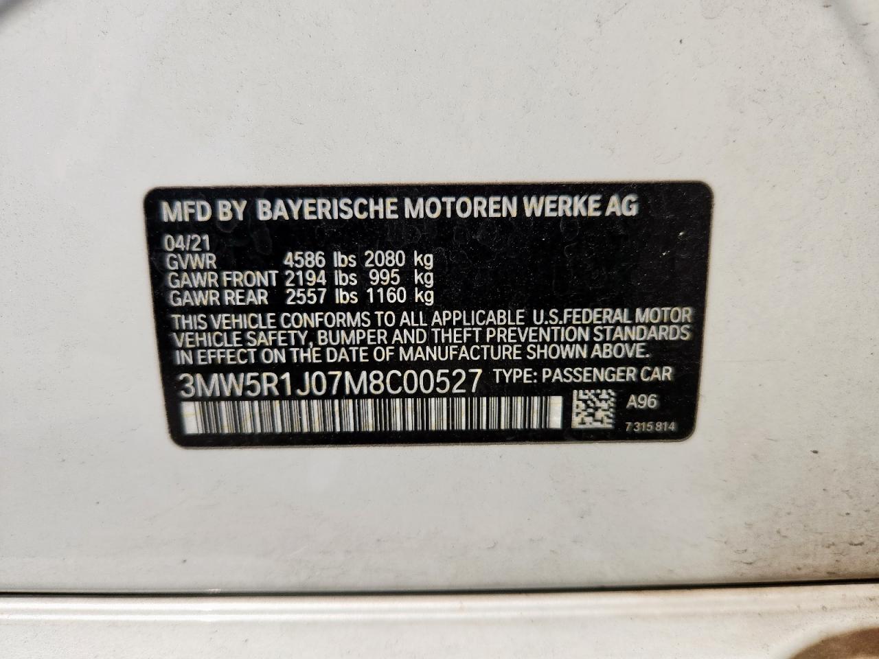 2021 BMW 330I VIN: 3MW5R1J07M8C00527 Lot: 70708195