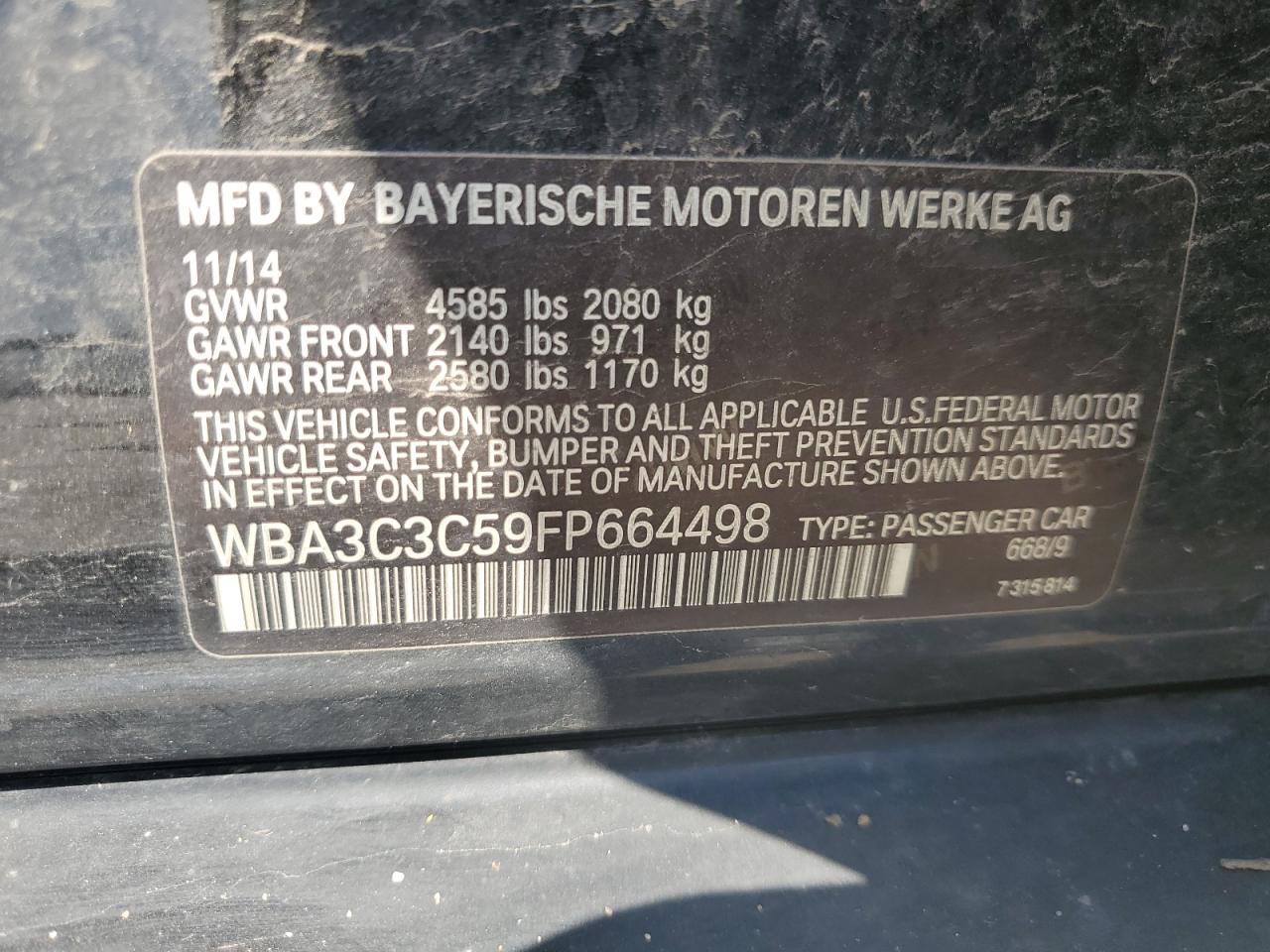 2015 BMW 320 I xDrive VIN: WBA3C3C59FP664498 Lot: 67425835