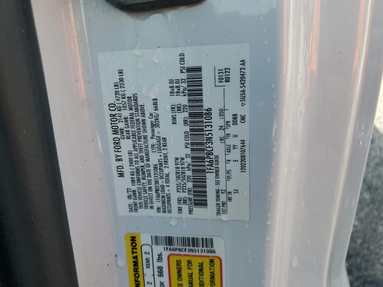 2022 Ford Mustang Gt VIN: 1FA6P8CF3N5131086 Lot: 69738555