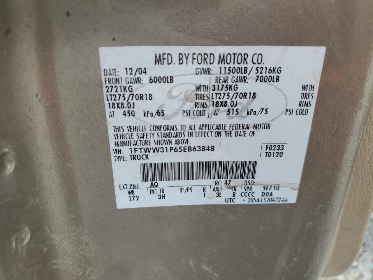 2005 Ford F350 Srw Super Duty VIN: 1FTWW31P65EB63848 Lot: 70545945