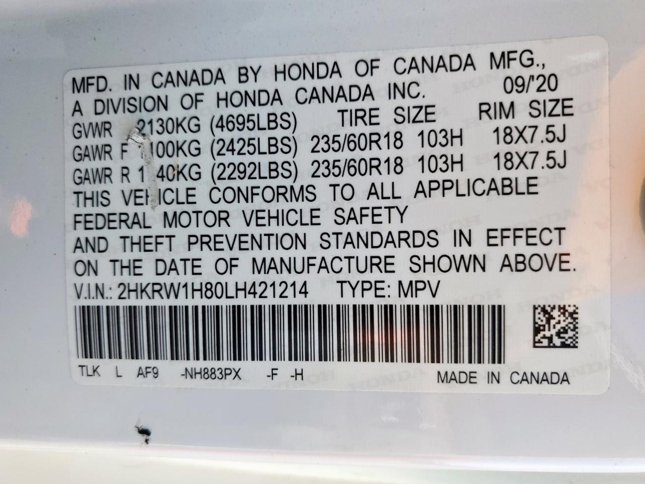 2020 Honda Cr-V Exl VIN: 2HKRW1H80LH421214 Lot: 70685195