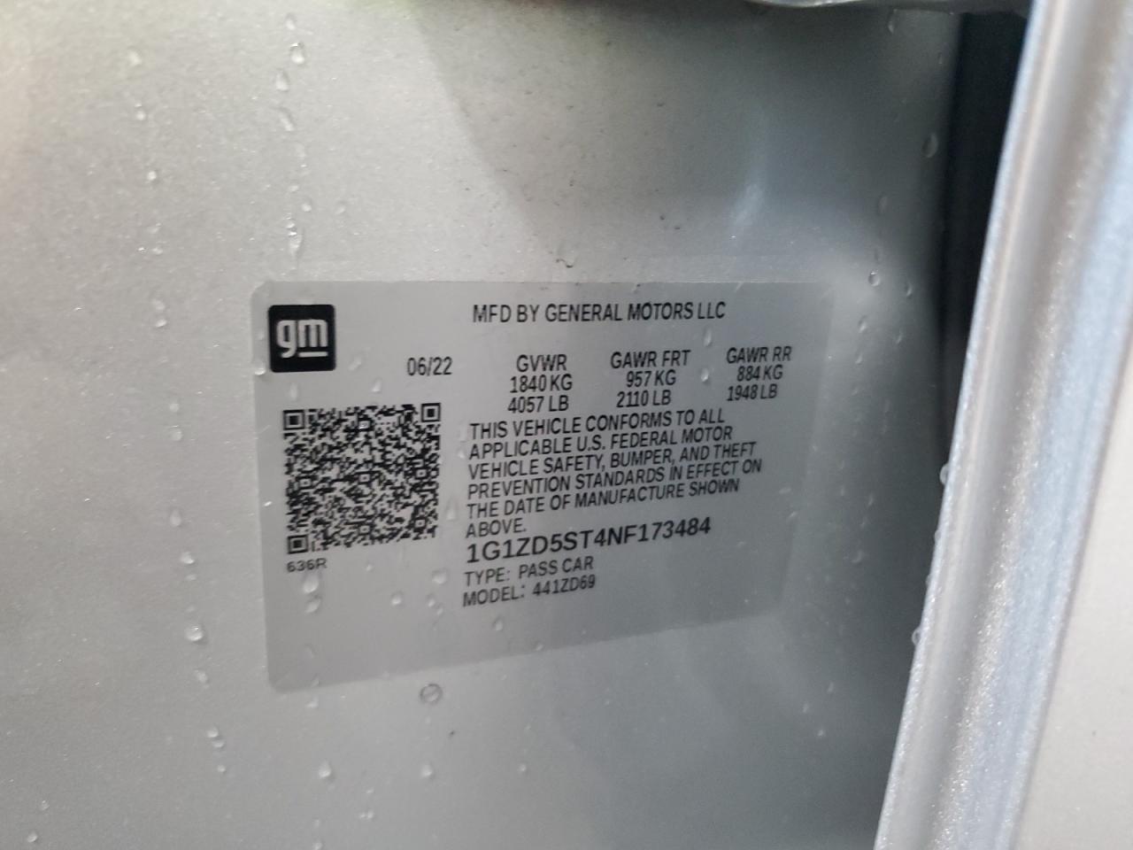 2022 Chevrolet Malibu Lt VIN: 1G1ZD5ST4NF173484 Lot: 69201715