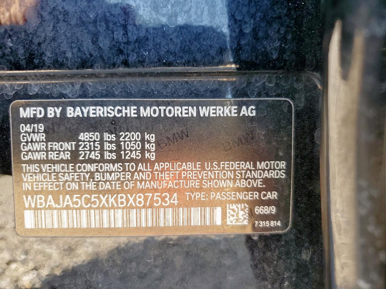 2019 BMW 530 I VIN: WBAJA5C5XKBX87534 Lot: 67802245