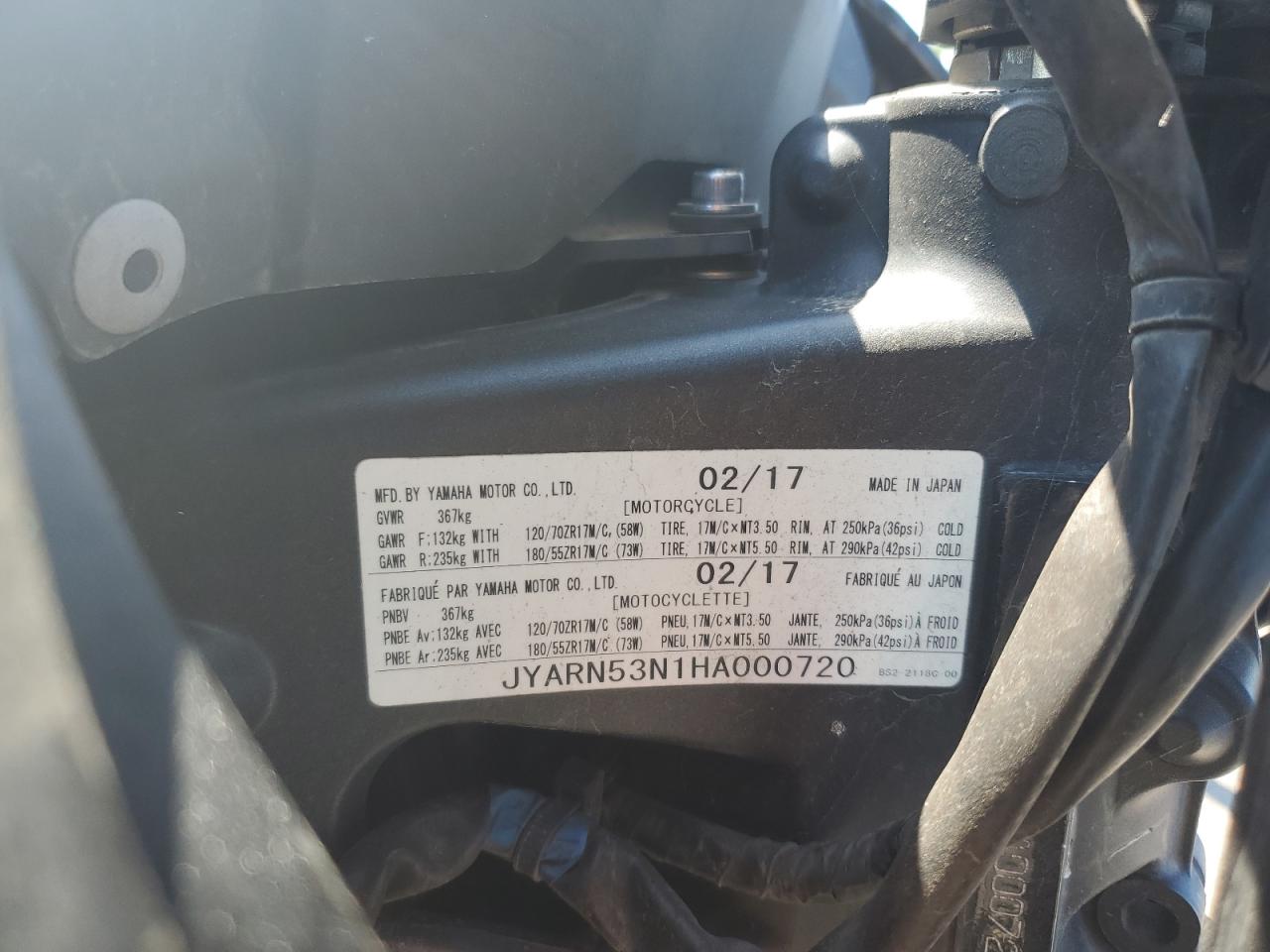 2017 Yamaha Fz09 VIN: JYARN53N1HA000720 Lot: 69406435