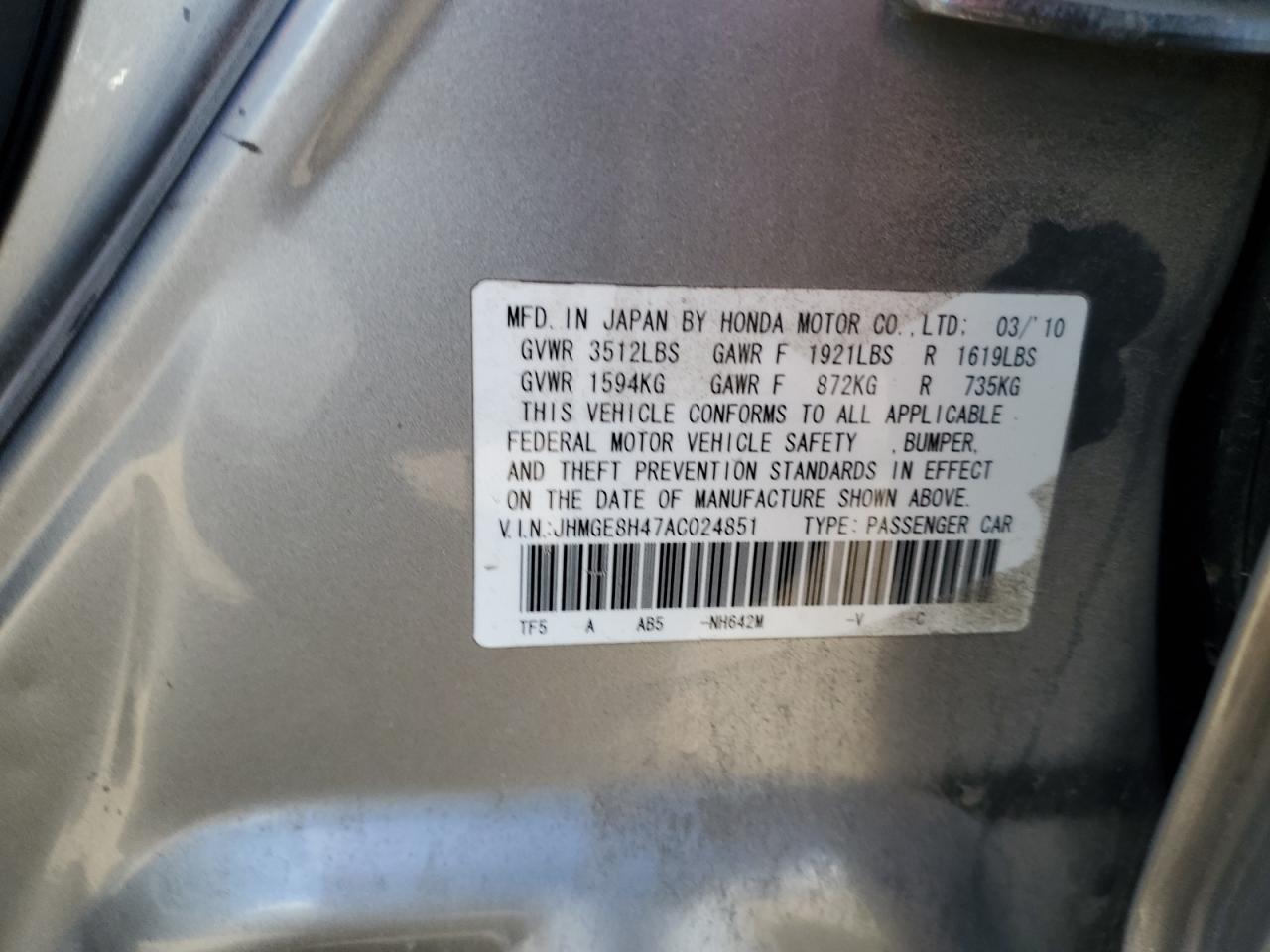 2010 Honda Fit Sport VIN: JHMGE8H47AC024851 Lot: 69661835