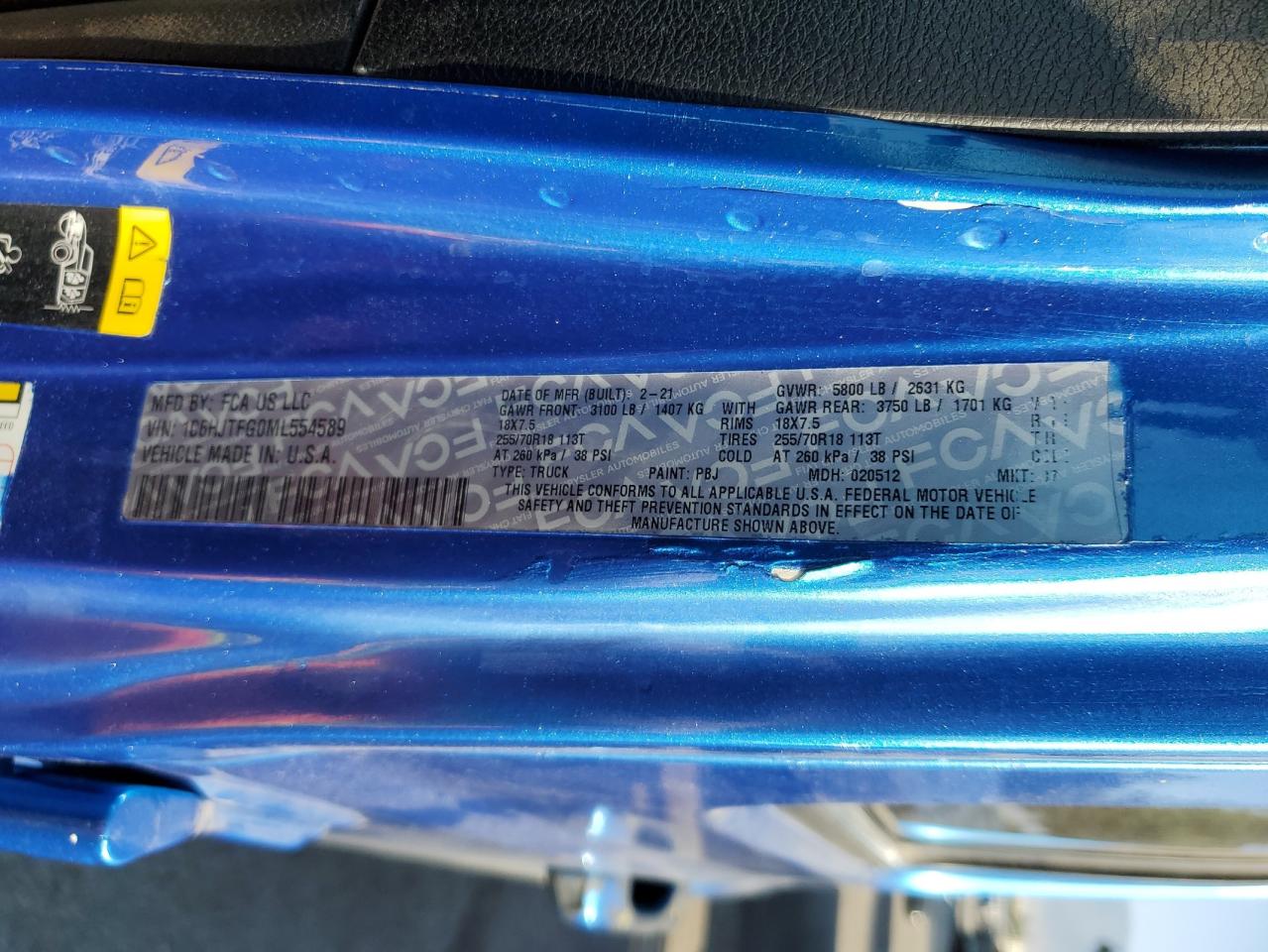 2021 Jeep Gladiator Overland VIN: 1C6HJTFG0ML554589 Lot: 70543005