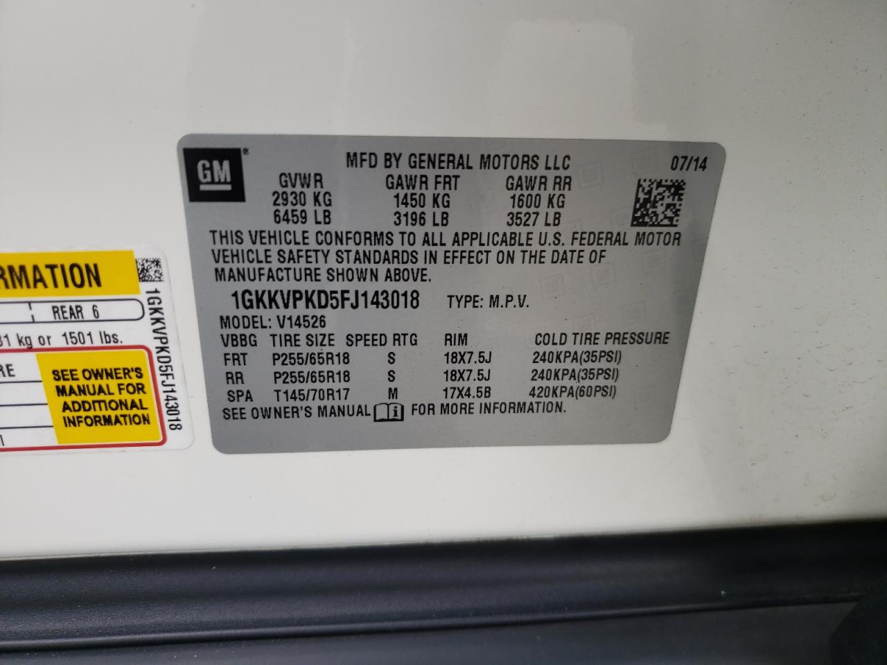 2015 GMC Acadia Sle VIN: 1GKKVPKD5FJ143018 Lot: 70566455