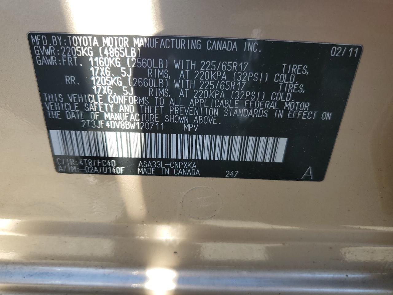 2011 Toyota Rav4 VIN: 2T3JF4DV8BW120711 Lot: 70352795