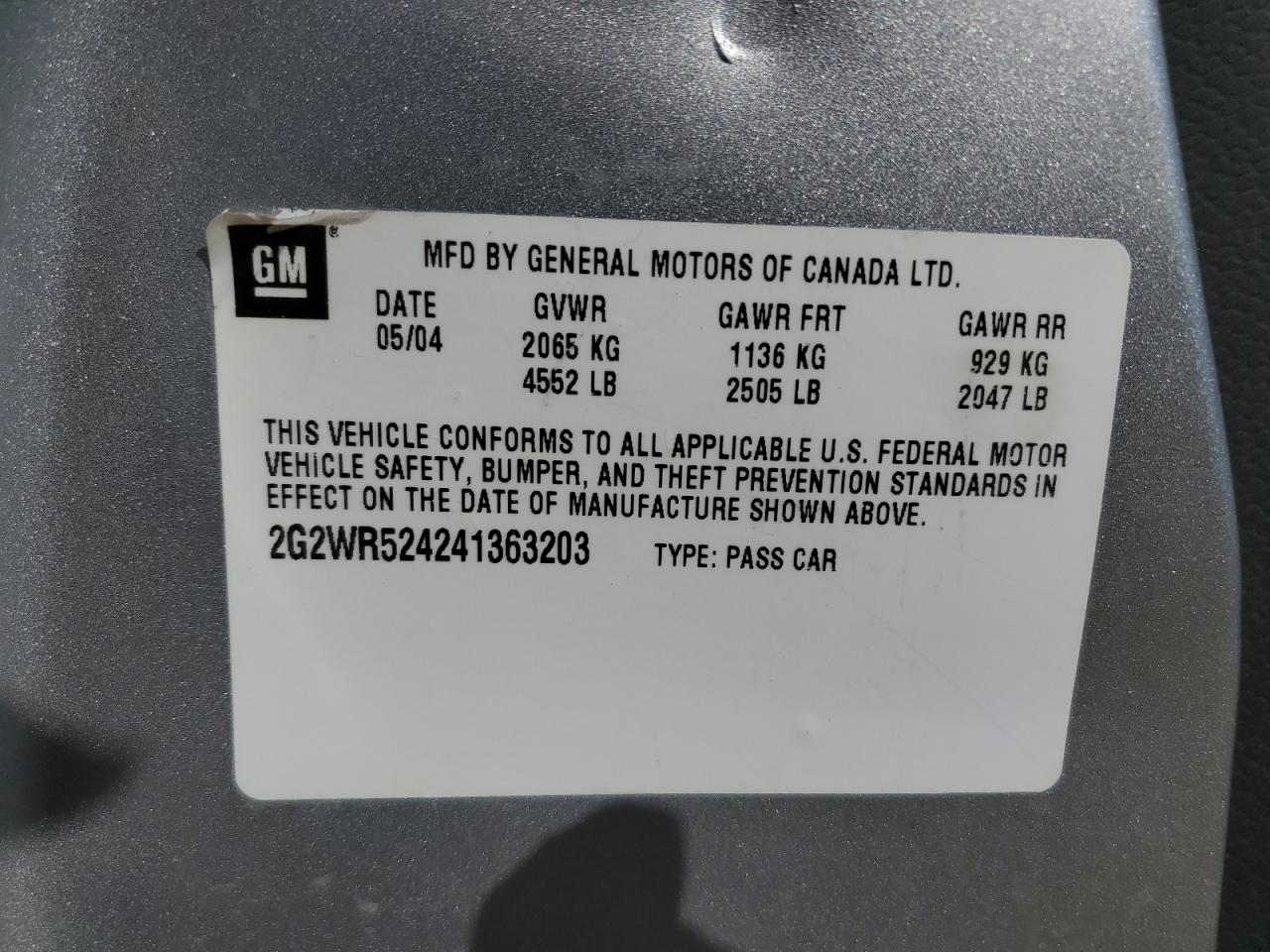 2004 Pontiac Grand Prix Gtp VIN: 2G2WR524241363203 Lot: 68734645