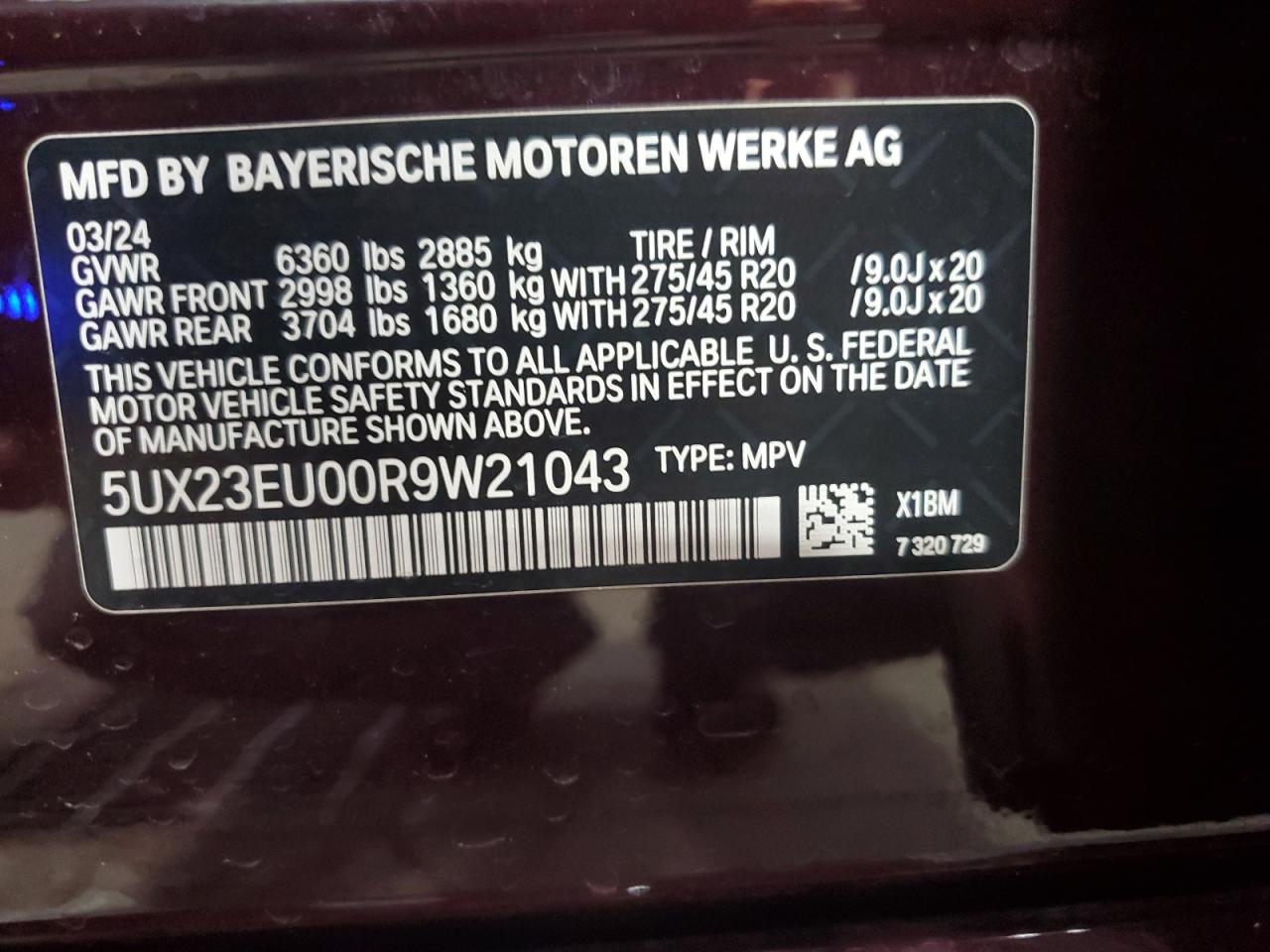 2024 BMW X5 xDrive40I VIN: 5UX23EU00R9W21043 Lot: 68108955