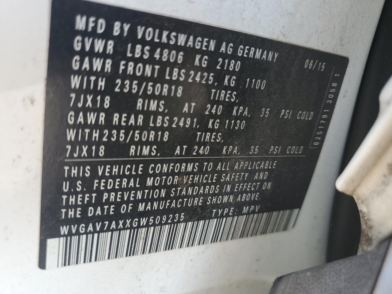 2016 Volkswagen Tiguan S VIN: WVGAV7AXXGW509235 Lot: 68384865