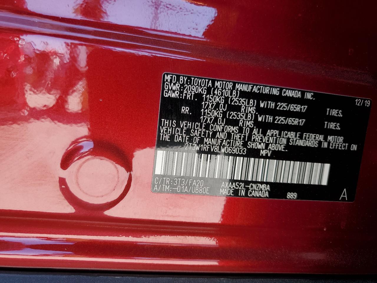 2T3W1RFV8LW069033 2020 Toyota Rav4 Xle