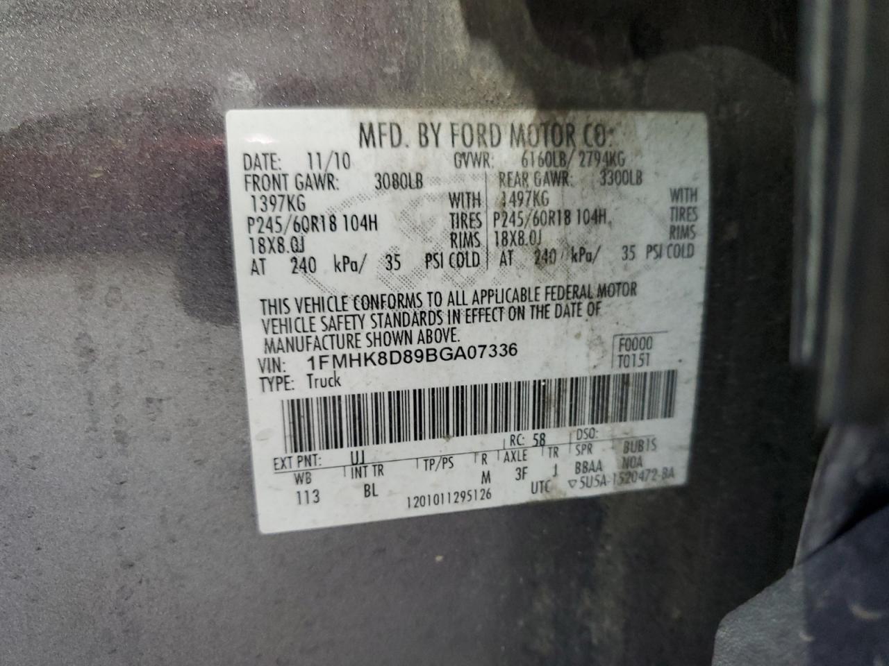 2011 Ford Explorer Xlt VIN: 1FMHK8D89BGA07336 Lot: 67799605